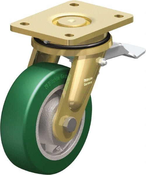 Blickle - 6" Diam x 1-31/32" Wide x 7-7/8" OAH Top Plate Mount Swivel Caster with Brake - Polyurethane-Elastomer Blickle Softhane, 1,210 Lb Capacity, Ball Bearing, 5-1/2 x 4-3/8" Plate - Exact Tooling