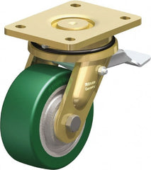 Blickle - 5" Diam x 1-31/32" Wide x 6-11/16" OAH Top Plate Mount Swivel Caster with Brake - Polyurethane-Elastomer Blickle Softhane, 990 Lb Capacity, Ball Bearing, 5-1/2 x 4-3/8" Plate - Exact Tooling