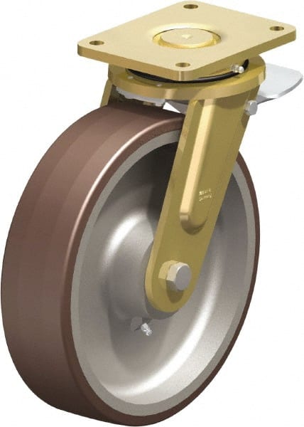 Blickle - 12" Diam x 3-9/64" Wide x 13-31/32" OAH Top Plate Mount Swivel Caster with Brake - Polyurethane-Elastomer Blickle Besthane, 5,280 Lb Capacity, Ball Bearing, 6-7/8 x 5-1/2" Plate - Exact Tooling