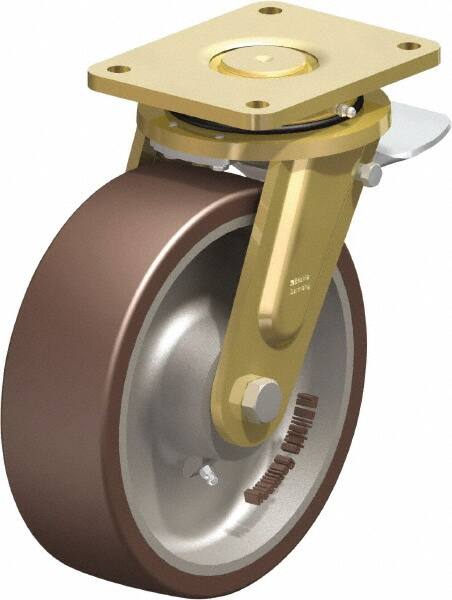 Blickle - 10" Diam x 3-9/64" Wide x 12" OAH Top Plate Mount Swivel Caster with Brake - Polyurethane-Elastomer Blickle Besthane, 3,960 Lb Capacity, Ball Bearing, 6-7/8 x 5-1/2" Plate - Exact Tooling