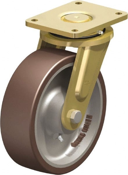 Blickle - 10" Diam x 3-9/64" Wide x 12" OAH Top Plate Mount Swivel Caster - Polyurethane-Elastomer Blickle Besthane, 3,960 Lb Capacity, Ball Bearing, 6-7/8 x 5-1/2" Plate - Exact Tooling