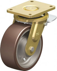 Blickle - 8" Diam x 3-9/64" Wide x 10-1/32" OAH Top Plate Mount Swivel Caster with Brake - Polyurethane-Elastomer Blickle Besthane, 3,520 Lb Capacity, Ball Bearing, 6-7/8 x 5-1/2" Plate - Exact Tooling