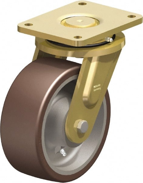 Blickle - 8" Diam x 3-9/64" Wide x 10-1/32" OAH Top Plate Mount Swivel Caster - Polyurethane-Elastomer Blickle Besthane, 3,520 Lb Capacity, Ball Bearing, 6-7/8 x 5-1/2" Plate - Exact Tooling