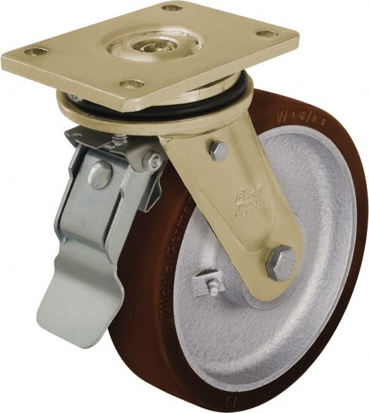 Blickle - 8" Diam x 1-31/32" Wide x 9-41/64" OAH Top Plate Mount Swivel Caster with Brake - Polyurethane-Elastomer Blickle Besthane, 2,200 Lb Capacity, Ball Bearing, 5-1/2 x 4-3/8" Plate - Exact Tooling