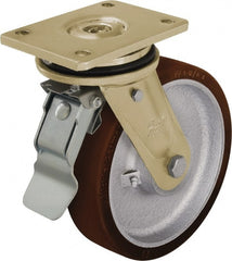 Blickle - 12" Diam x 2-23/64" Wide x 13-31/32" OAH Top Plate Mount Swivel Caster with Brake - Polyurethane-Elastomer Blickle Besthane, 3,960 Lb Capacity, Ball Bearing, 6-7/8 x 5-1/2" Plate - Exact Tooling