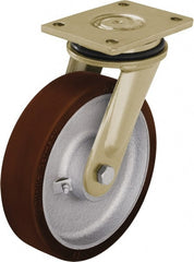 Blickle - 8" Diam x 1-31/32" Wide x 9-41/64" OAH Top Plate Mount Swivel Caster - Polyurethane-Elastomer Blickle Besthane, 2,200 Lb Capacity, Ball Bearing, 5-1/2 x 4-3/8" Plate - Exact Tooling