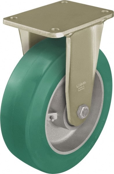 Blickle - 10" Diam x 3-9/64" Wide x 12" OAH Top Plate Mount Rigid Caster - Polyurethane-Elastomer Blickle Softhane, 3,080 Lb Capacity, Ball Bearing, 6-7/8 x 5-1/2" Plate - Exact Tooling