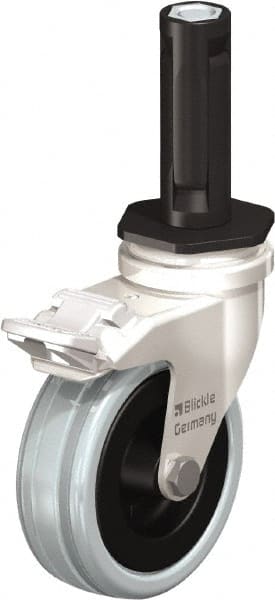 Blickle - 3" Diam x 63/64" Wide x 3-31/32" OAH Stem Mount Swivel Caster with Brake - Solid Rubber, 132 Lb Capacity, Plain Bore Bearing, Round Stem - Exact Tooling