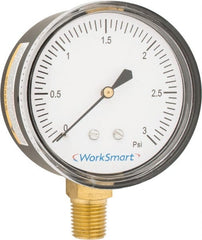 Value Collection - 2-1/2" Dial, 1/4 Thread, 0-3 Scale Range, Pressure Gauge - Lower Connection Mount, Accurate to 1.5% of Scale - Exact Tooling