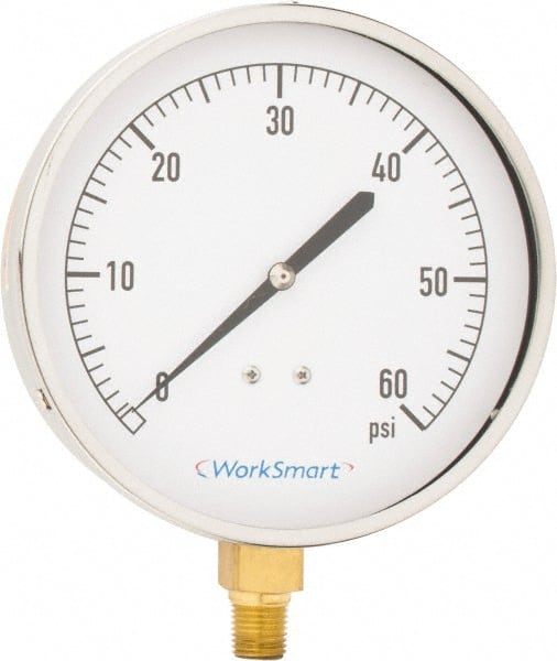 Value Collection - 4-1/2" Dial, 1/4 Thread, 0-60 Scale Range, Pressure Gauge - Lower Connection Mount, Accurate to 0.01% of Scale - Exact Tooling