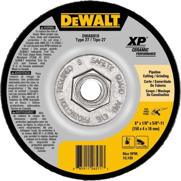 DeWALT - 24 Grit, 6" Wheel Diam, Type 27 Depressed Center Wheel - Coarse/Medium Grade, Ceramic, N Hardness, 10,100 Max RPM - Exact Tooling