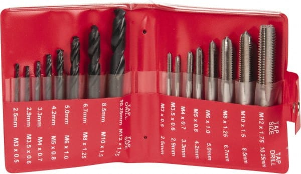 Hertel - 2.50 to 10.25mm Drill, M3x0.50 to M12x1.75 Tap, Hand Tap and Drill Set - Bright Finish High Speed Steel Drills, Bright Finish High Speed Steel Taps, Plug Chamfer, 16 Piece Set - Exact Tooling