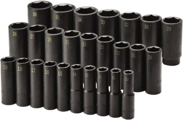 SK - 26 Piece 1/2" Drive Deep Impact Socket Set - 6 Points, 10 to 36mm, Metric Measurement Standard - Exact Tooling