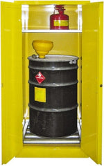 Securall Cabinets - 31" Wide x 31" Deep x 65" High, 18 Gauge Steel Vertical Drum Cabinet with 3 Point Key Lock - Yellow, Manual Closing Door, 1 Shelf, 1 Drum, Drum Rollers Included - Exact Tooling