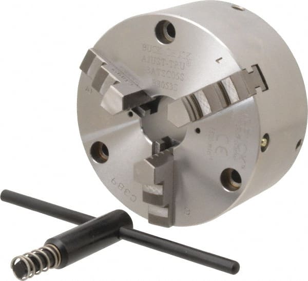 Buck Chuck Company - 3 Jaws, 5" Diam, Self Centering Manual Lathe Chuck - Front Mount, Adjustable, 5,500 Max RPM, 1.28" Through Hole Diam, Forged Steel - Exact Tooling