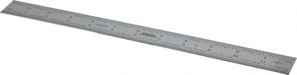 SPI - 12" Long, 1/100, 1/64, 1/32, 1/10" Graduation, Rigid Steel Rule - 5R Graduation Style, 1" Wide, Silver, Satin Chrome Finish - Exact Tooling