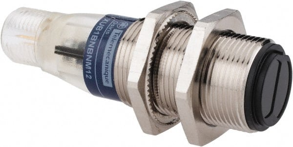 Telemecanique Sensors - 4 Pin M12 Connector, 4m Nominal Distance, Shock and Vibration Resistant, Retroreflective Photoelectric Sensor - 12 to 24 VDC, 500 Hz, Nickel Plated Brass, 2.36 Inch Long x 0.71 Inch Wide - Exact Tooling