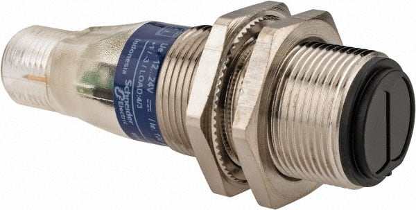Telemecanique Sensors - 4 Pin M12 Connector, 4 Nominal Distance, Shock and Vibration Resistant, Retroreflective Photoelectric Sensor - 12 to 24 VDC, 500 Hz, Nickel Plated Brass, 2.36 Inch Long x 0.71 Inch Wide - Exact Tooling