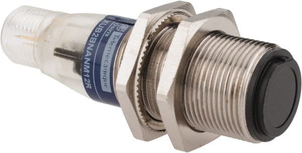 Telemecanique Sensors - 4 Pin M12 Connector, 15m Nominal Distance, Shock and Vibration Resistant, Through Beam Photoelectric Sensor - 12 to 24 VDC, 500 Hz, Nickel Plated Brass, 2.36 Inch Long x 0.71 Inch Wide - Exact Tooling