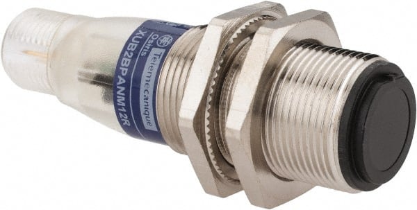 Telemecanique Sensors - 4 Pin M12 Connector, 15m Nominal Distance, Shock and Vibration Resistant, Through Beam Photoelectric Sensor - 12 to 24 VDC, 500 Hz, Nickel Plated Brass, 2.36 Inch Long x 0.71 Inch Wide - Exact Tooling