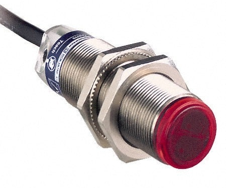Telemecanique Sensors - Cable Connector, 1m Nominal Distance, Shock and Vibration Resistant, Diffused Photoelectric Sensor - 12 to 24 VDC, 500 Hz, Brass, 62mm Long x 18mm Wide x 7 Inch High - Exact Tooling