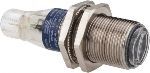 Telemecanique Sensors - 4 Pin M12 Connector, 0.1m Nominal Distance, Shock and Vibration Resistant, Diffused Photoelectric Sensor - 12 to 24 VDC, 500 Hz, Nickel Plated Brass, 2.36 Inch Long x 0.71 Inch Wide - Exact Tooling