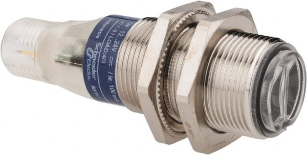 Telemecanique Sensors - 4 Pin M12 Connector, 0.1m Nominal Distance, Shock and Vibration Resistant, Diffused Photoelectric Sensor - 12 to 24 VDC, 500 Hz, Nickel Plated Brass, 2.36 Inch Long x 0.71 Inch Wide - Exact Tooling