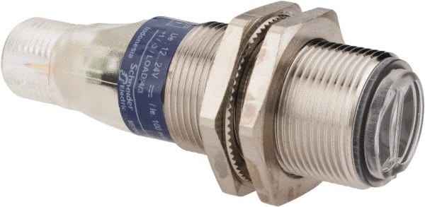 Telemecanique Sensors - 4 Pin M12 Connector, 0.1m Nominal Distance, Shock and Vibration Resistant, Diffused Photoelectric Sensor - 12 to 24 VDC, 500 Hz, Nickel Plated Brass, 2.36 Inch Long x 0.71 Inch Wide - Exact Tooling
