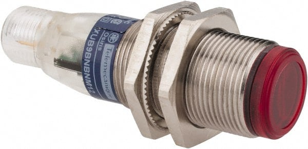 Telemecanique Sensors - 4 Pin M12 Connector, 2m Nominal Distance, Shock and Vibration Resistant, Polarized Retroreflective Photoelectric Sensor - 12 to 24 VDC, 500 Hz, Nickel Plated Brass, 2.44 Inch Long x 0.71 Inch Wide - Exact Tooling