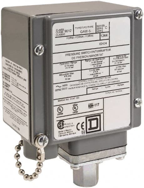 Square D - 4, 13 and 4X NEMA Rated, SPDT-DB, 1.5 to 75 psig, Electromechanical Pressure and Level Switch - Exact Tooling