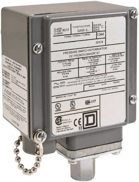 Square D - 4, 13 and 4X NEMA Rated, SPDT, 170 to 5,600 psi, Electromechanical Pressure and Level Switch - Fixed Pressure, 120 VAC at 6 Amp, 125 VDC at 0.22 Amp, 240 VAC at 3 Amp, 250 VDC at 0.27 Amp, 1/4 Inch Connector, Screw Terminal, For Use with 9012G - Exact Tooling