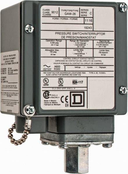 Square D - 4, 13 and 4X NEMA Rated, DPDT, 5 to 250 psig, Electromechanical Pressure and Level Switch - Exact Tooling
