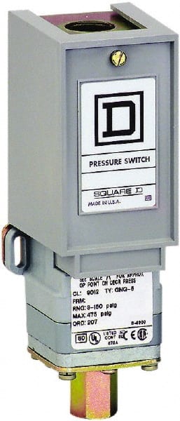 Square D - 1 NEMA Rated, SPDT, 1.5 to 75 psi, Electromechanical Pressure and Level Switch - Adjustable Pressure, 120 VAC at 6 Amp, 125 VDC at 0.22 Amp, 240 VAC at 3 Amp, 250 VDC at 0.27 Amp, 1/4 Inch Connector, Screw Terminal, For Use with 9012G - Exact Tooling