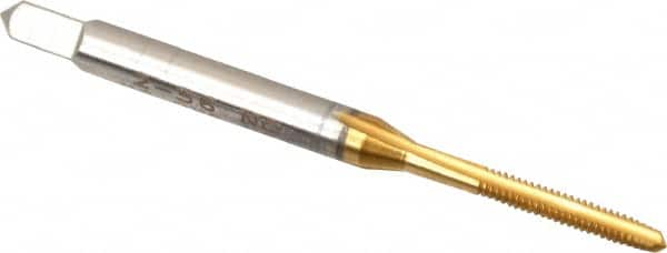 Hertel - #2-56 UNC 2B 3 Flute TiN Finish High Speed Steel Straight Flute Standard Hand Tap - Plug, Right Hand Thread, 1-3/4" OAL, 7/16" Thread Length, H2 Limit - Exact Tooling