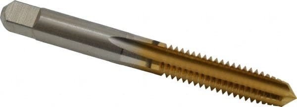 Hertel - 5/16-18 UNC 3B 4 Flute TiN Finish High Speed Steel Straight Flute Standard Hand Tap - Plug, Right Hand Thread, 2-23/32" OAL, 1-1/8" Thread Length, H3 Limit - Exact Tooling