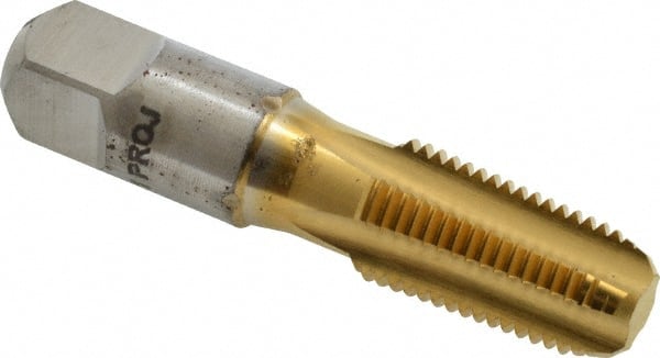 Hertel - 1/4-18 NPTF Thread, 4 Flute Short Projection Standard Pipe Tap - 2-7/16" OAL, 1-1/16" Thread Length, 9/16" Shank Diam, TiN Finish, High Speed Steel - Exact Tooling