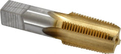 Hertel - 1/2-14 NPTF Thread, 4 Flute Short Projection Standard Pipe Tap - 3-1/8" OAL, 1-3/8" Thread Length, 11/16" Shank Diam, TiN Finish, High Speed Steel - Exact Tooling