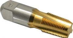 Hertel - 3/8-18 NPT Thread, 4 Flute Short Projection Standard Pipe Tap - 2-9/16" OAL, 1-1/16" Thread Length, 0.7" Shank Diam, TiN Finish, High Speed Steel - Exact Tooling