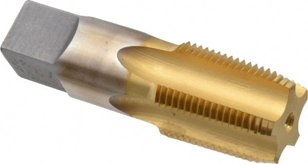 Hertel - 3/4-14 NPTF Thread, 5 Flute Short Projection Standard Pipe Tap - 3-1/4" OAL, 1-3/8" Thread Length, 29/32" Shank Diam, TiN Finish, High Speed Steel - Exact Tooling