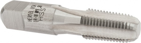 Hertel - 1/4-18 NPTF Thread, 4 Flute Short Projection Standard Pipe Tap - 2-7/16" OAL, 1-1/16" Thread Length, 9/16" Shank Diam, Bright Finish, High Speed Steel - Exact Tooling