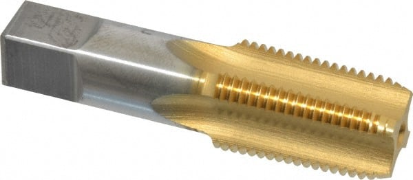 Hertel - 1/2-14 NPT Thread, 4 Flute Short Projection Standard Pipe Tap - 3-1/8" OAL, 1-3/8" Thread Length, 11/16" Shank Diam, TiN Finish, High Speed Steel - Exact Tooling