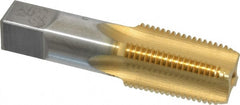 Hertel - 1/2-14 NPT Thread, 4 Flute Short Projection Standard Pipe Tap - 3-1/8" OAL, 1-3/8" Thread Length, 11/16" Shank Diam, TiN Finish, High Speed Steel - Exact Tooling