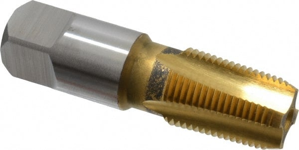 Hertel - 3/8-18 NPTF Thread, 4 Flute Short Projection Standard Pipe Tap - 2-9/16" OAL, 1-1/16" Thread Length, 0.7" Shank Diam, TiN Finish, High Speed Steel - Exact Tooling