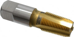 Hertel - 3/8-18 NPTF Thread, 4 Flute Short Projection Standard Pipe Tap - 2-9/16" OAL, 1-1/16" Thread Length, 0.7" Shank Diam, TiN Finish, High Speed Steel - Exact Tooling