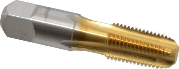 Hertel - 1/4-18 NPT Thread, 4 Flute Short Projection Standard Pipe Tap - 2-7/16" OAL, 1-1/16" Thread Length, 9/16" Shank Diam, TiN Finish, High Speed Steel - Exact Tooling