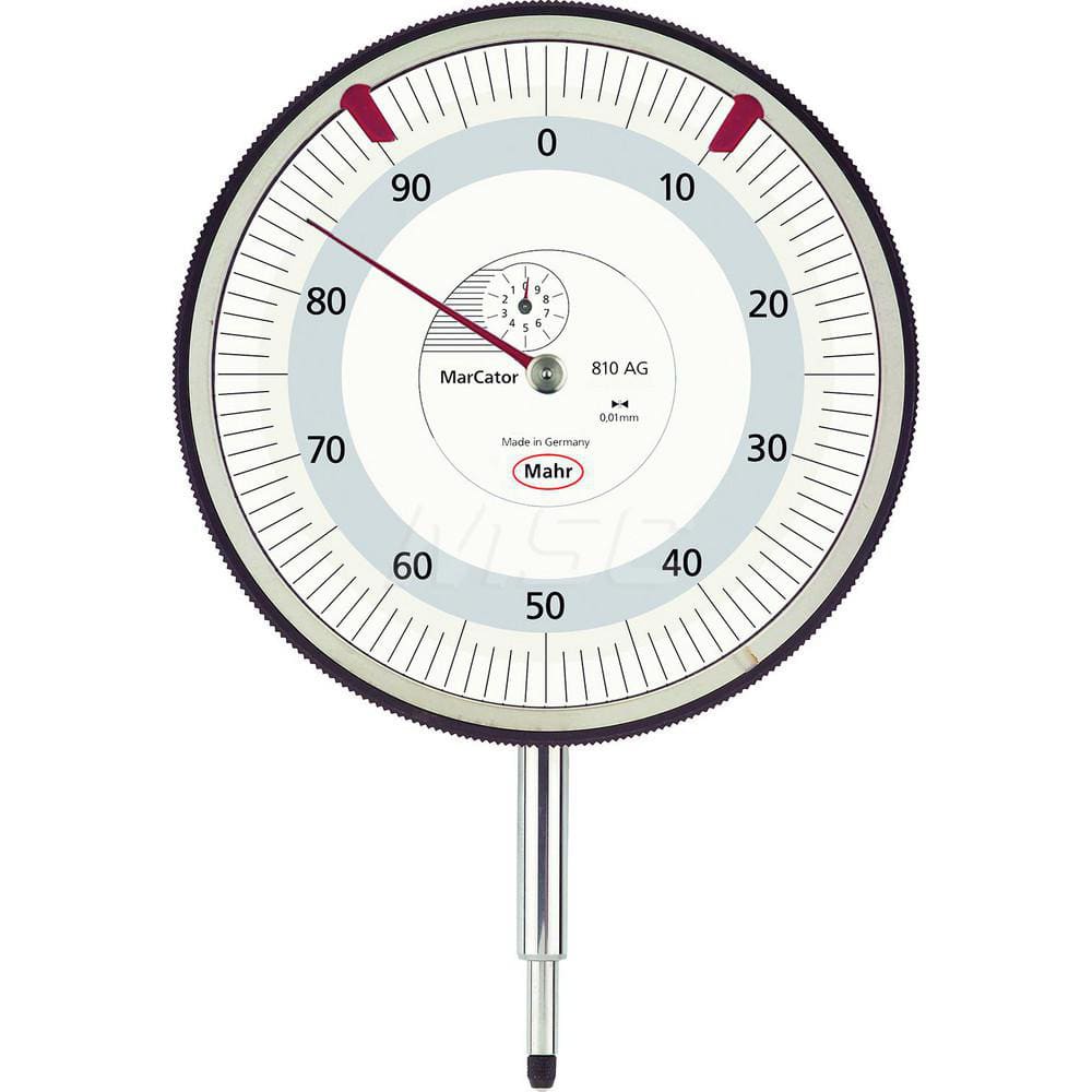 Mahr - Dial Drop Indicators; Maximum Measurement (Inch): 0.4 ; Maximum Measurement (mm): 10 ; Dial Graduation (mm): 0.0100 ; Dial Graduation (Decimal Inch): 0.000400 ; Dial Reading: 0-100 ; Dial Diameter (mm): 112.00 - Exact Tooling