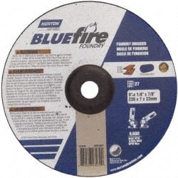 Norton - 20 Grit, 9" Wheel Diam, 1/4" Wheel Thickness, 7/8" Arbor Hole, Type 27 Depressed Center Wheel - Zirconia Alumina, T Hardness, 6,000 Max RPM, Compatible with Angle Grinder - Exact Tooling