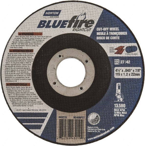 Norton - 24 Grit, 4-1/2" Wheel Diam, 1/16" Wheel Thickness, 7/8" Arbor Hole, Type 27 Depressed Center Wheel - Zirconia Alumina, R Hardness, 13,580 Max RPM, Compatible with Angle Grinder - Exact Tooling