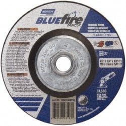 Norton - 24 Grit, 4-1/2" Wheel Diam, 1/4" Wheel Thickness, Type 27 Depressed Center Wheel - Zirconia Alumina, S Hardness, 13,580 Max RPM, Compatible with Angle Grinder - Exact Tooling