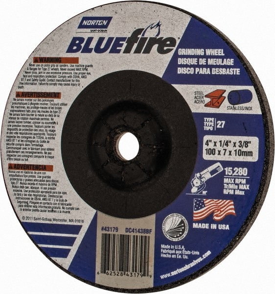 Norton - 24 Grit, 4" Wheel Diam, 1/4" Wheel Thickness, 3/8" Arbor Hole, Type 27 Depressed Center Wheel - Zirconia Alumina, S Hardness, 15,280 Max RPM, Compatible with Angle Grinder - Exact Tooling